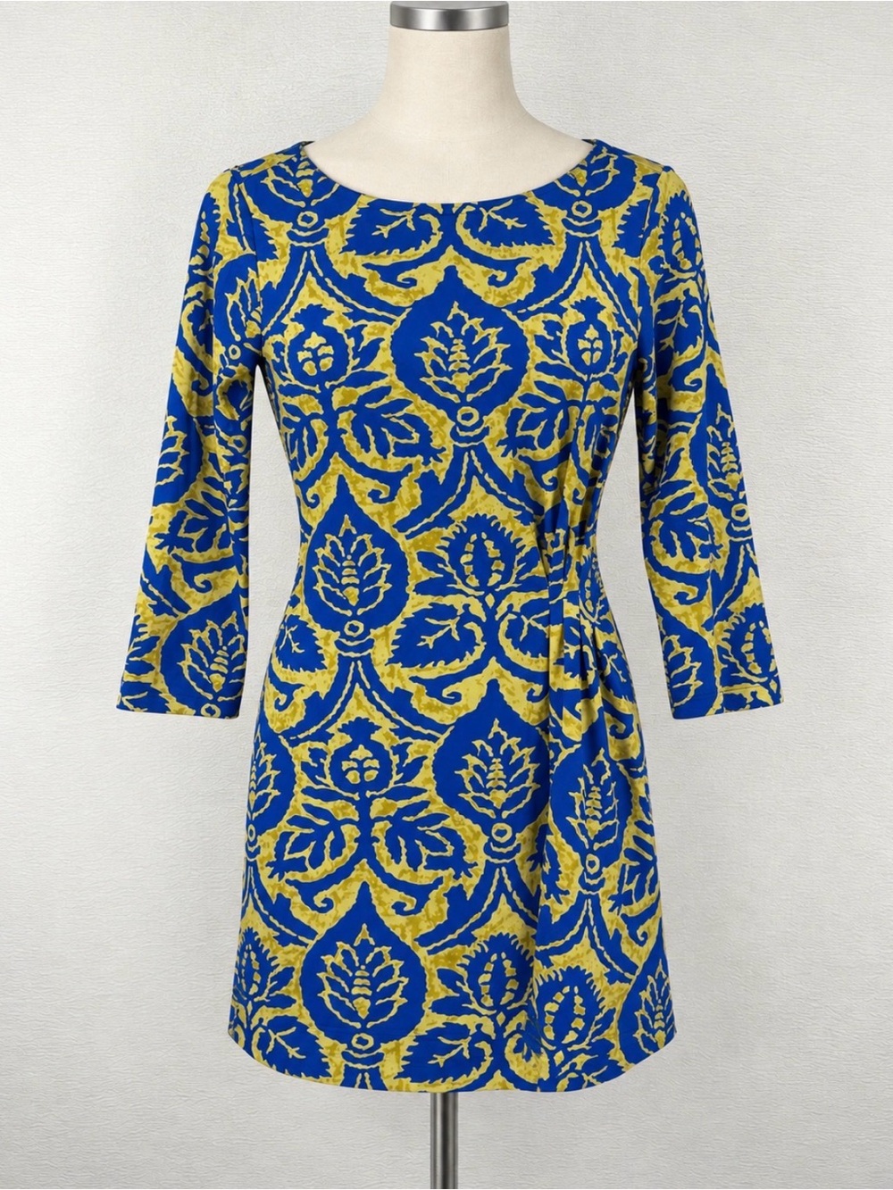 J.McLaughlin Blue Yellow Print Ruched 3/4 Sleeve Dress S